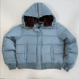 American Eagle Outfitters Blue Puffer Jacket with Brown Fur Lining